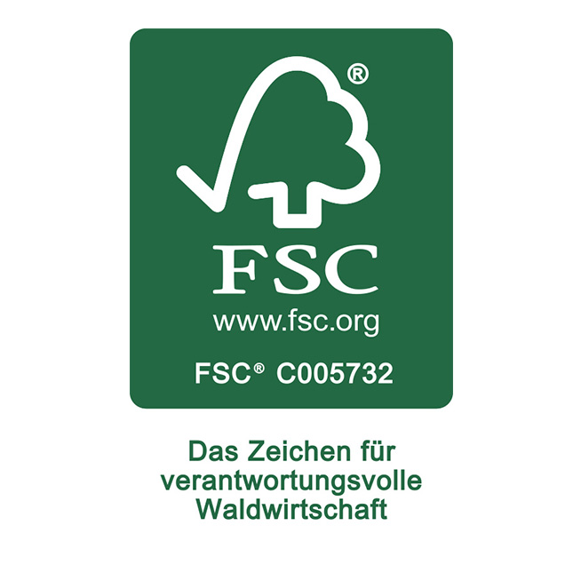 Druckmedien FSC-zertifizierte Produkte - gruenes Logo mit Zertifizierungsnummer
