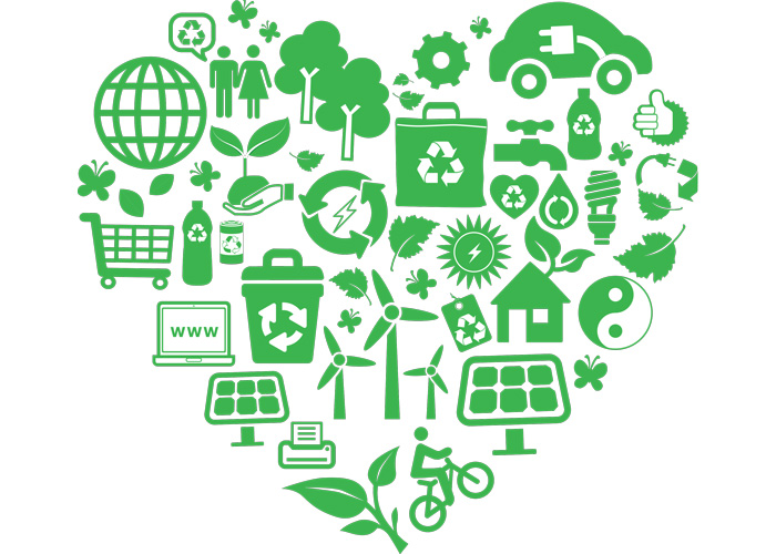 Druckmedien nachhaltiger Arbeitsplatz - Vektorgrafik gruenes Herz aus diversen Icons Umwelt